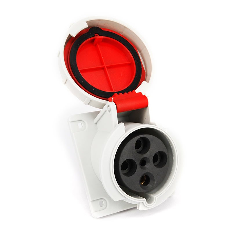 IEC 60309 CEE Flanged Socket, Sloping, 4 Poles, 63A, 380-415V, IP67 Watertight