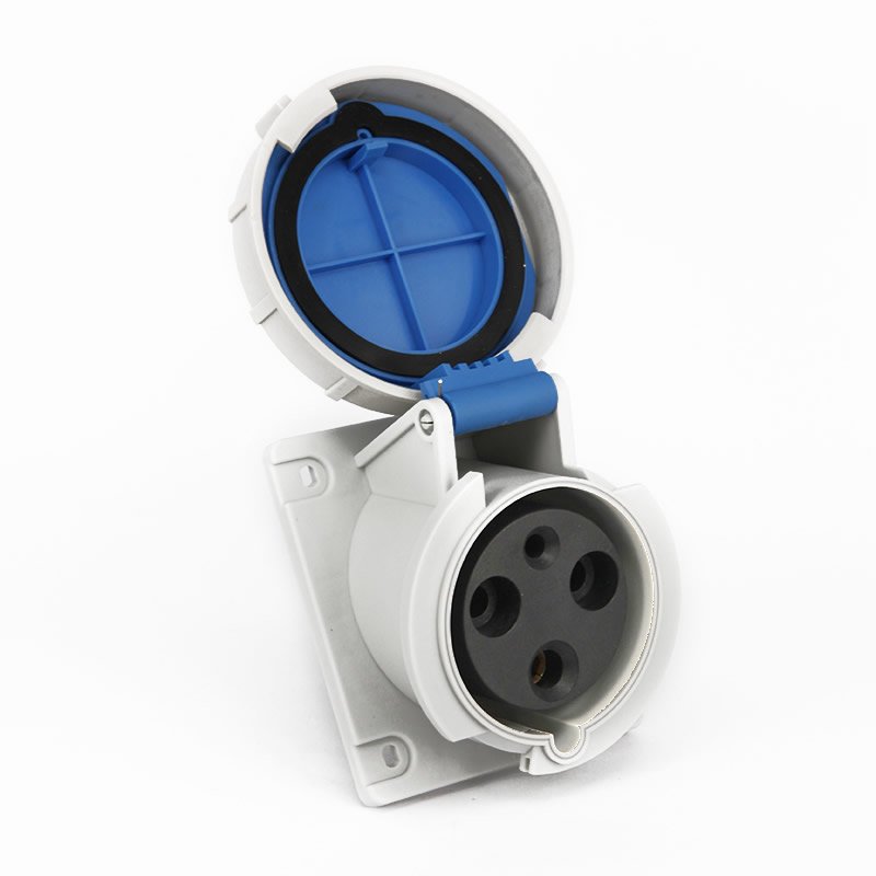 IEC 60309 CEE Flanged Socket, Angle, 3-Pin, 63A, 200-250V, IP67 Watertight