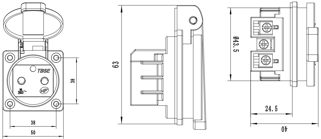 IP54 Panel Mounted French Belgium Socket 16 Amps 250 Volts