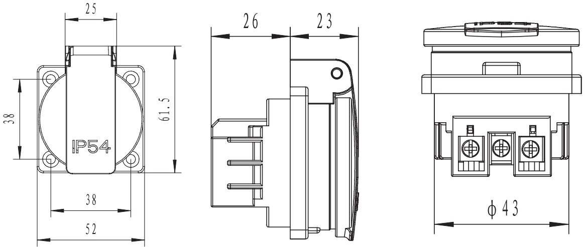 IP54 Panel Mounted French Belgium Socket 16 Amps 250 Volts