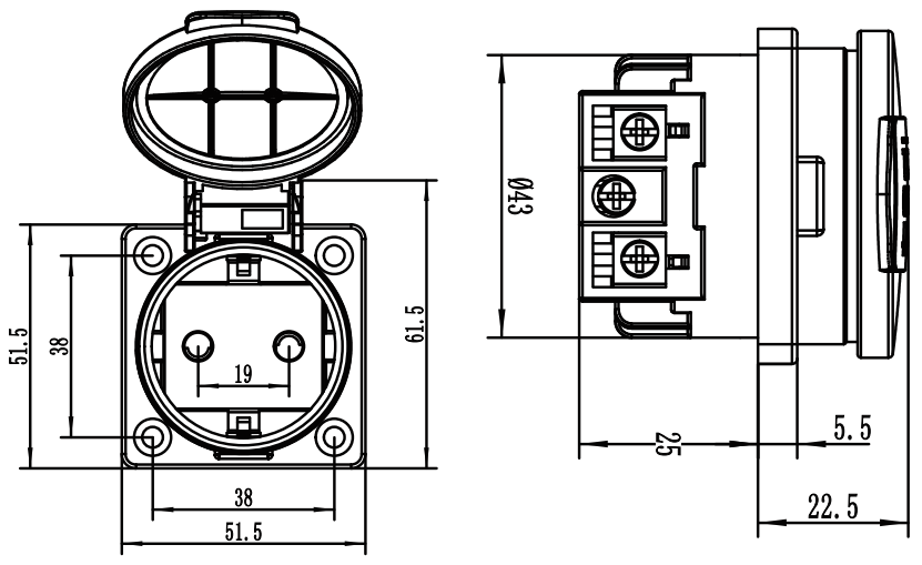 IP54 Flush Mounting Schuko Socket 16 Amps 250 Volts