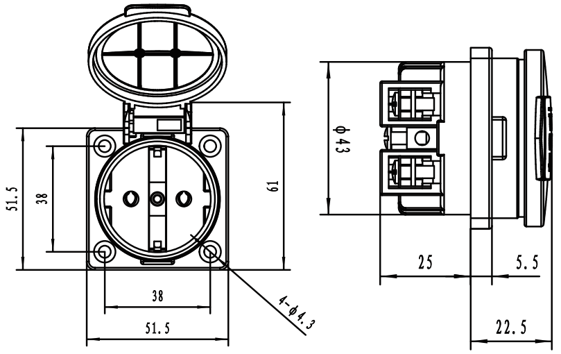 IP54 Flush Mounting Schuko Socket 16 Amps 250 Volts