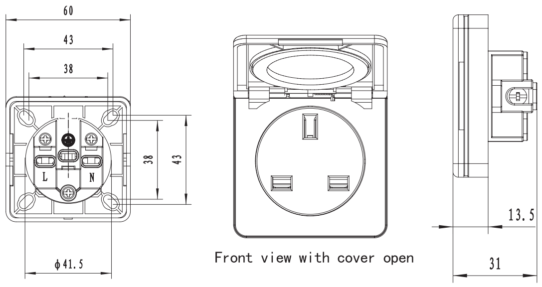 United Kingdom AC power Socket 13 Amps 250 Volts IP54