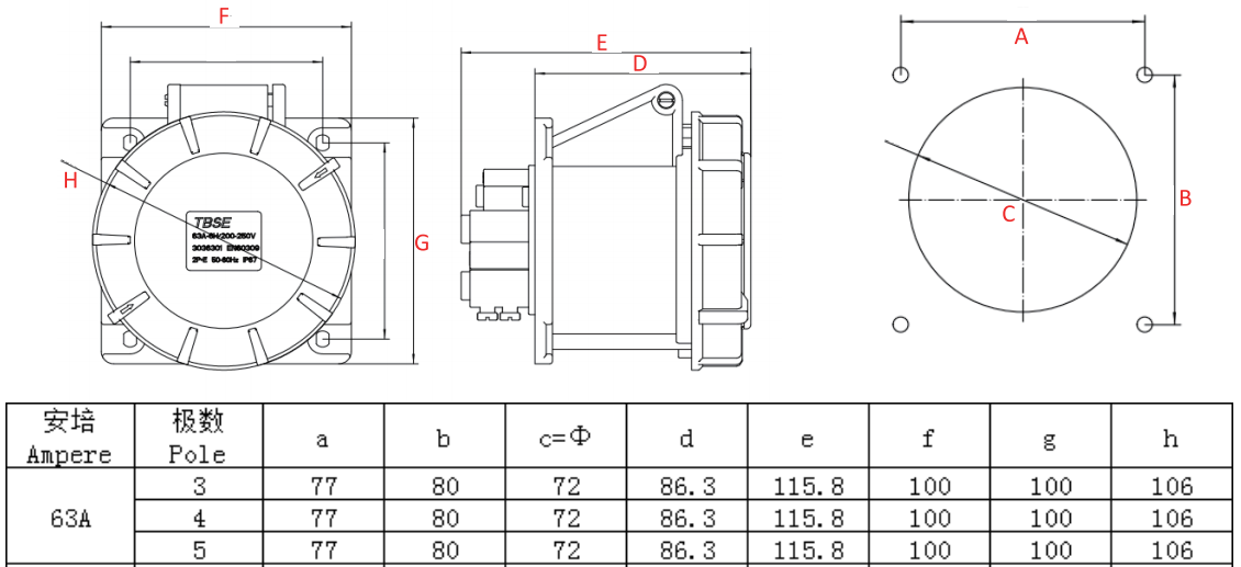 CEE Add-on Socket, Straight, 4 Poles, 63A, 380-415V, IP67 Watertight